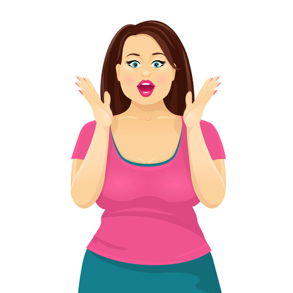 Surprised attractive plump brunette woman with open mouth. Vector cartoon character on white background.