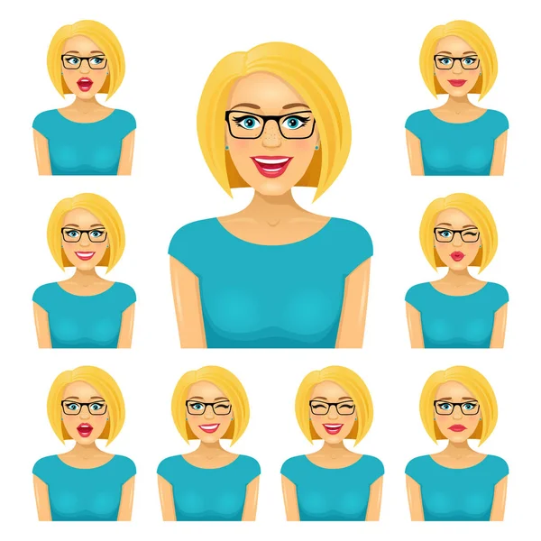 Mulher loira atraente em óculos com nove diferentes exp facial —  Vetores de Stock