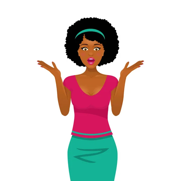 Sexy surprised afro american woman with open mouth and rising ha — Stock Vector