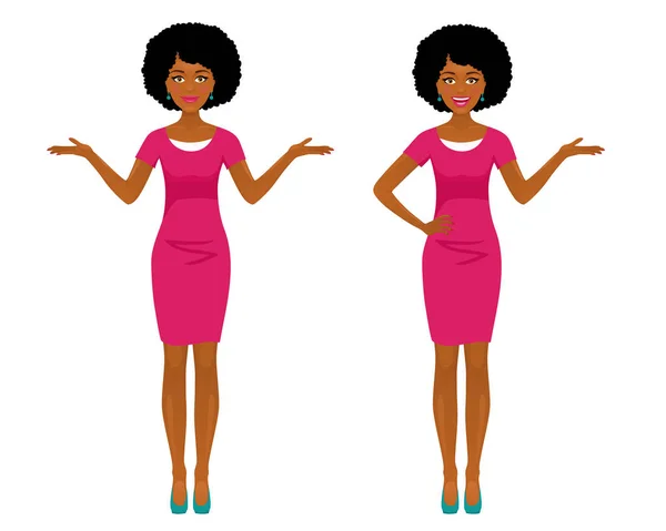 Sexy mujer de negocios afroamericana en dos poses: señalando y spr — Vector de stock