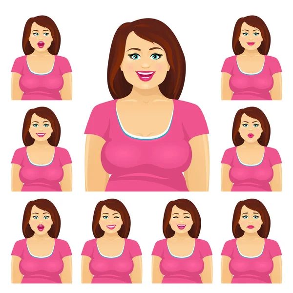 Atractiva mujer morena regordeta con diferente expresión facial — Vector de stock