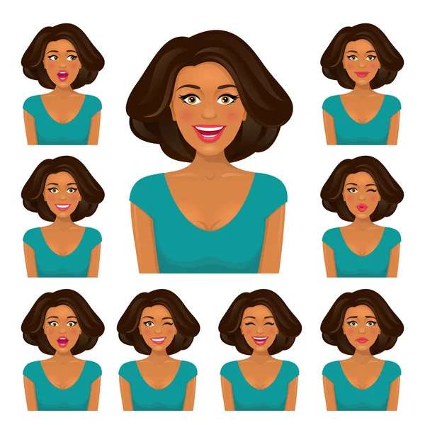 Mujer morena atractiva con piel oscura y nueve variantes faciales — Vector de stock