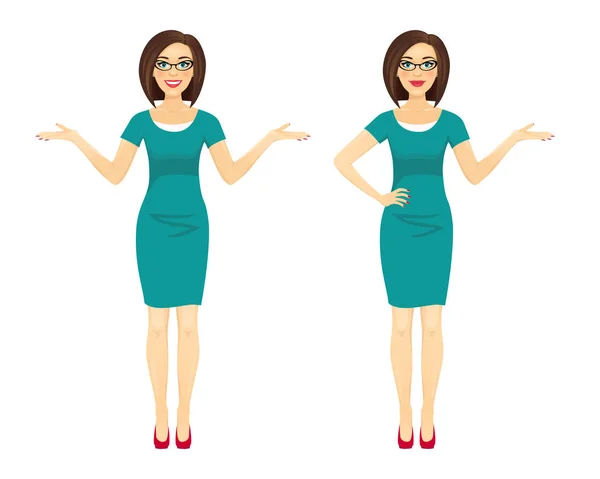 Attraktiv brunett affärskvinna i två poser: peka och sp — Stock vektor