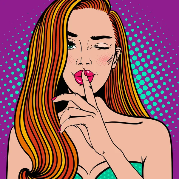 Поп-арт женское лицо. Молодая сексуальная яркая женщина держит указательный палец у рта и подмигивает на фоне точек. Векторный постер праздничной вечеринки. Иллюстрация в стиле ретро-комикса . — стоковый вектор