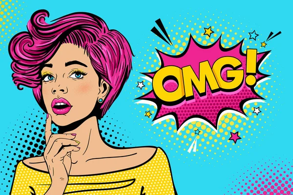 Wow vrouwelijke gezicht. Sexy verrast jonge vrouw met open mond en roze haar, lichte make-up en Omg! tekstballon. Vector kleurrijke achtergrond in popart retro komische stijl. Uitnodiging voor feestje-poster. — Stockvector