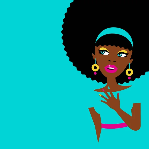 Sexy mujer afroamericana sorprendida con la boca abierta y grandes pendientes y uñas de colores mirando a un lado. Ilustración plana vectorial en estilo cómico retro . — Vector de stock