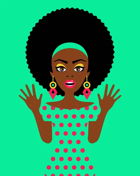 Mulher. Sexy surpreendeu mulher afro-americana com a boca aberta e brincos grandes espalhando as mãos. Vector plana ilustração brilhante em estilo cômico retrô . —  Vetores de Stock