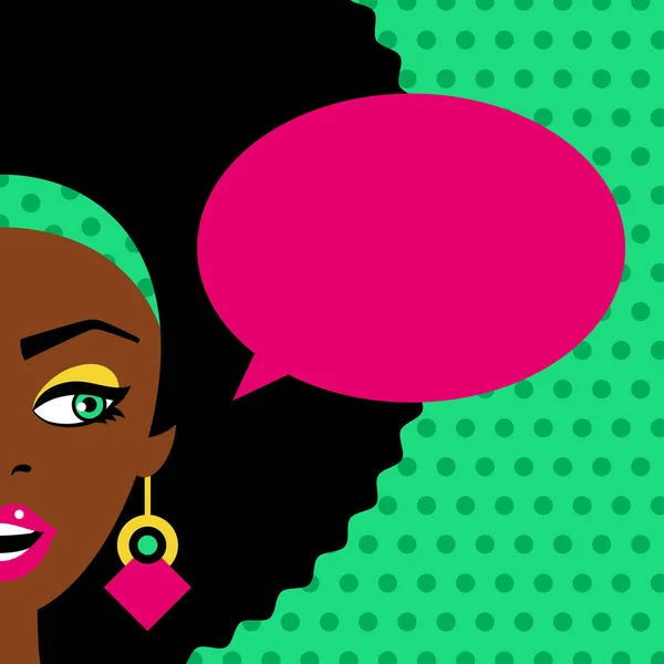 セクシーな驚かれるアフリカ系アメリカ人女性は、口と大きなイヤリング ドット背景に吹き出しを開きます。レトロなスタイルで漫画のベクトル フラット カラフルなイラスト. — ストックベクタ