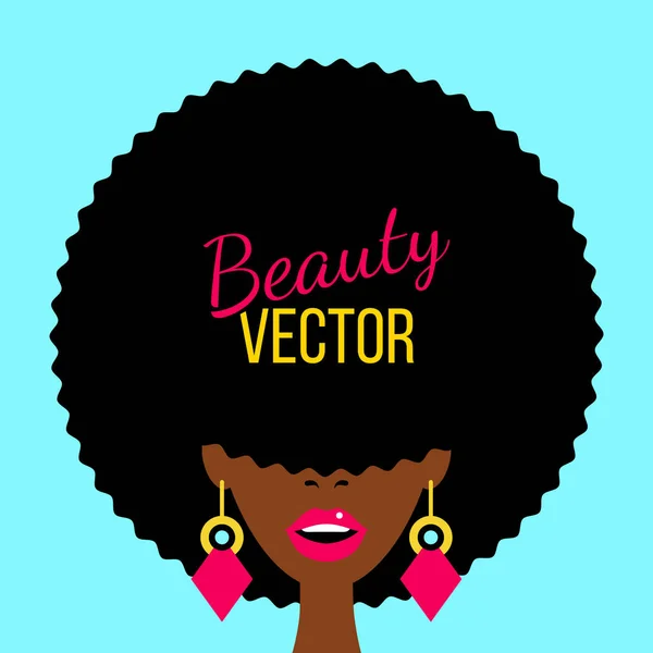 Mulher sexy de pele escura com boca aberta, corte de cabelo africano cobrindo seus olhos e brincos grandes. Vector plano colorido fundo em estilo cômico retrô . —  Vetores de Stock