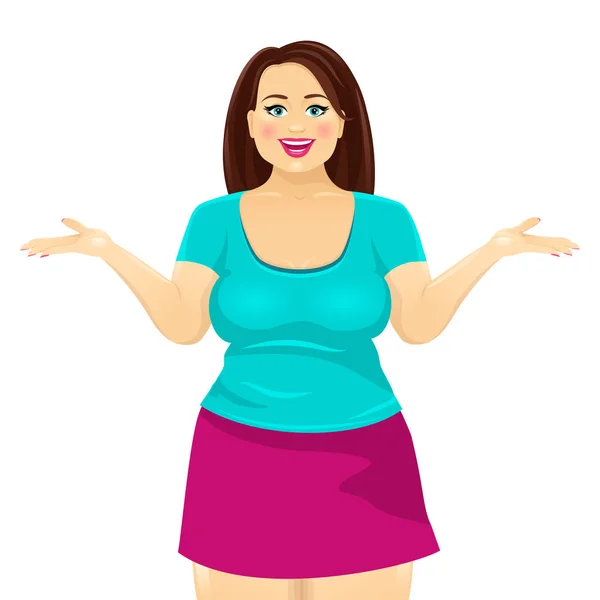 Attractive plump brunette woman smiles with open mouth and spreads her hands. Vector cartoon character on white background. Royalty Free Stock Vectors