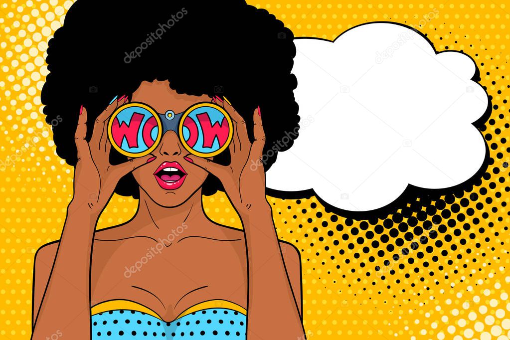 Wow pop art face. Sexy surprised african woman with open mouth holding binoculars in her hands with inscription wow in reflection and speech bubble. Vector colorful background in pop art retro comic style.