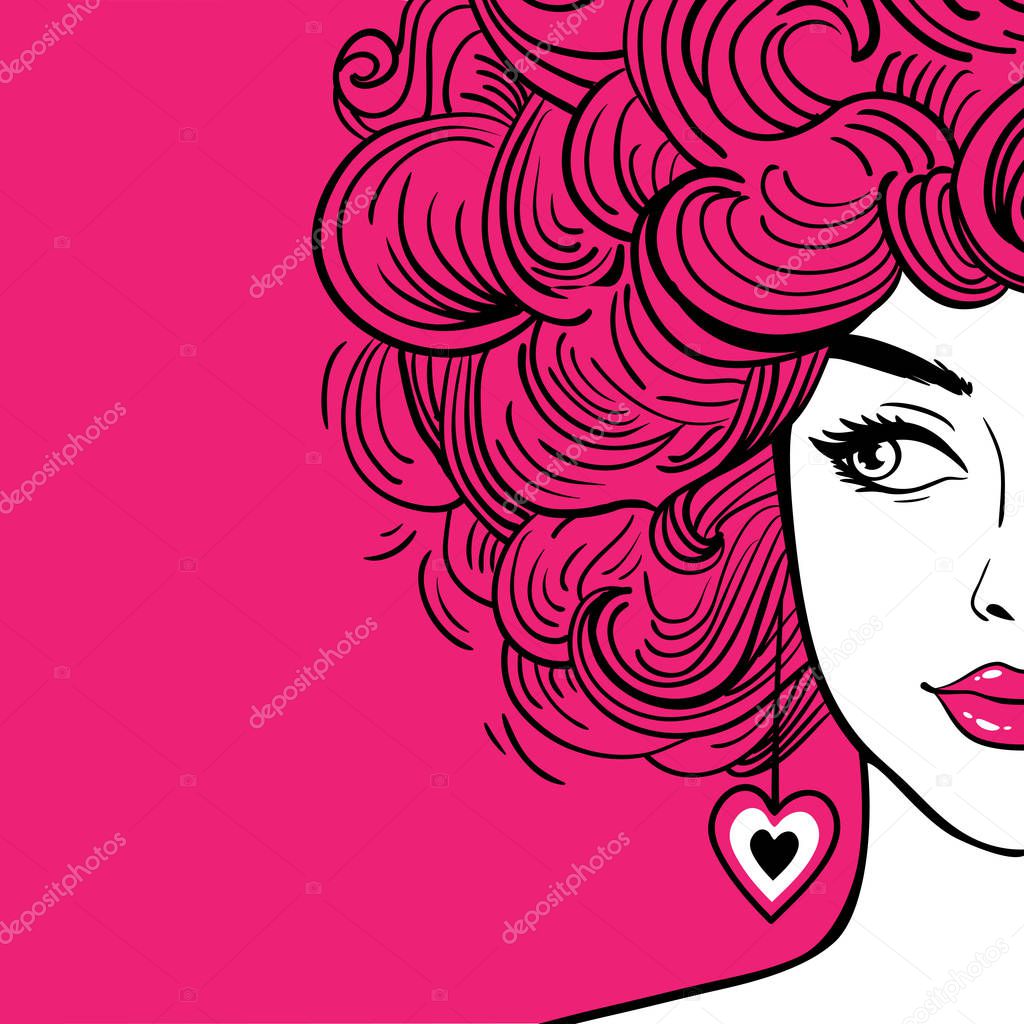 Sexy woman with pink curly hair and pink lips loking to the side. Vector hand drawn background in pop art retro comic style.