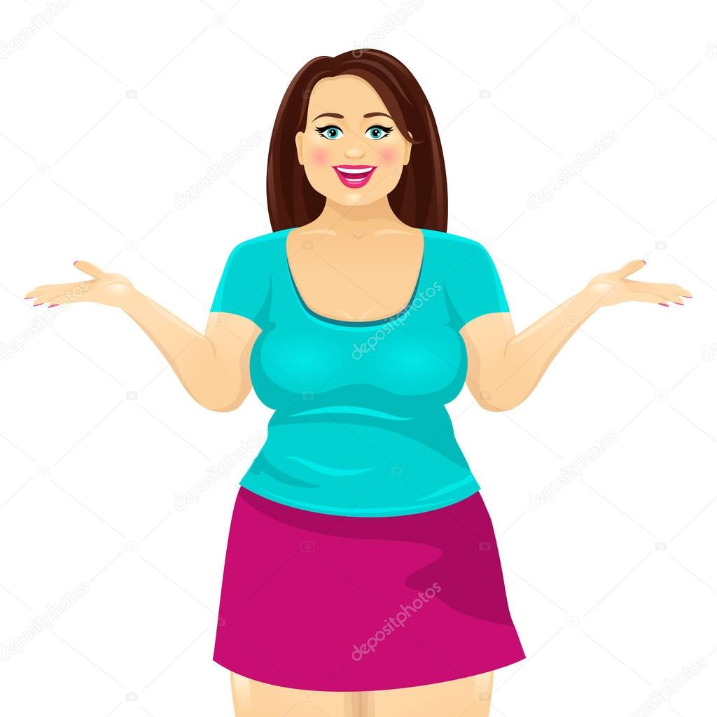 Attractive plump brunette woman smiles with open mouth and spreads her hands. Vector cartoon character on white background.
