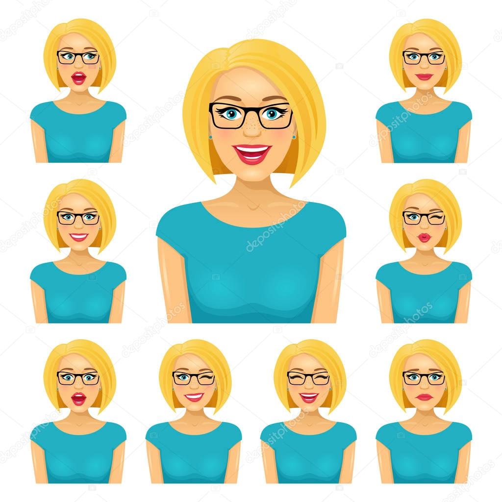 Attractive blond woman in glasses with nine different facial exp