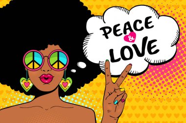 Wow female face. Sexy african american hippie woman in glasses with pacific sign shows victory sign and peace and love speech bubble. Vector colorful background in pop art retro comic style. clipart
