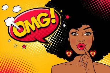 Pop art kadın yüzü Vay. Seksi sürpriz genç Afro-Amerikan kadın ile açık ağız ve Oh My God konuşma balonu. Vektör parlak arka planda pop sanat retro çizgi roman tarzı. Davet parti poster.