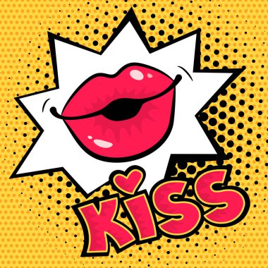 Kadın dudaklarına öpücük ve öpücük yazı nokta arka plan üzerinde şeklinde. Vektör komik retro pop sanat çizim.