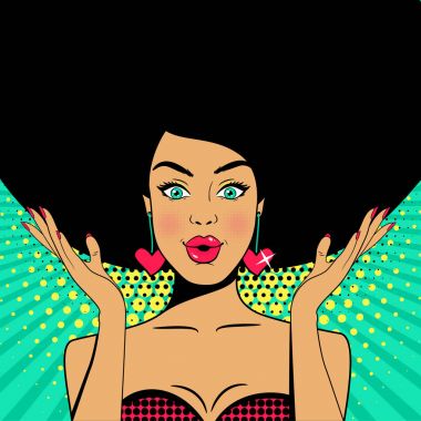 Pop sanat yüz Vay. Seksi sürpriz güneş tabaklanmış kadınla açık ağız ve elleri yayılan yükseltilmiş siyah saçlı. Vektör renkli arka planda pop sanat retro komik tarzı.