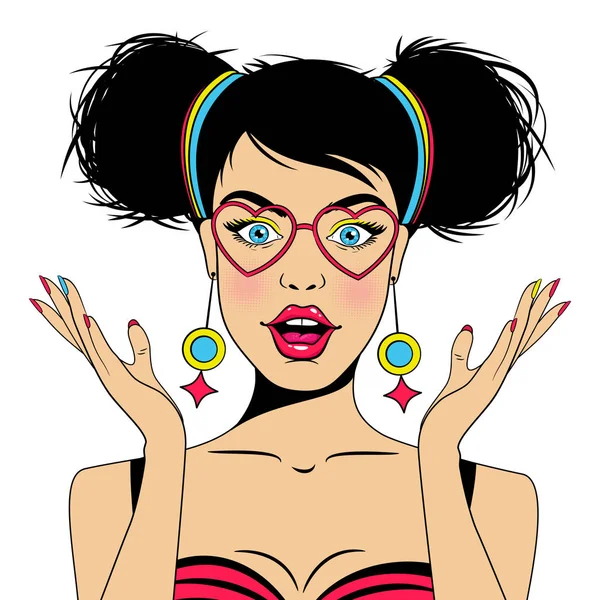 Wow female face. Sexy surprised brunette young woman with open mouth and glasses. Vector hand drawn colorful character in comic style isolated on white background. — Stock Vector