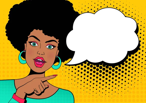 Wow face. Young sexy surprised afro american woman with open mouth and hand pointing on speech bubble. Vector colorful background in pop art retro comic style. — Stock Vector