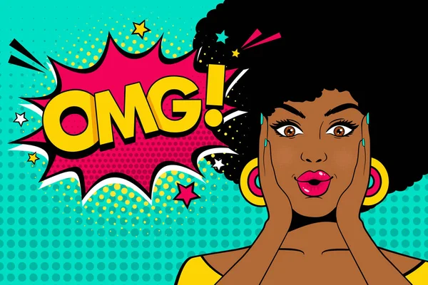 Wow pop art visage féminin. Sexy surpris jeune femme africaine avec bouche ouverte et coiffure afro et OMG ! bulle vocale. Vecteur fond lumineux dans le style pop art rétro bande dessinée . — Image vectorielle