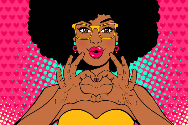 Ух ты, поп-арт. Сексуальная молодая африканская американка с губами в форме поцелуя и африканской прической в очках показывает знак любви. Векторный красочный постер приглашения в стиле ретро-комикса поп-арта
