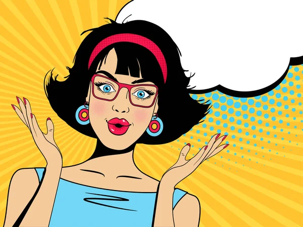 Cara de arte pop Wow. Sexy chica sorprendida con la boca abierta, gafas y burbuja del habla. Vector fondo colorido en el estilo retro cómic arte pop . — Vector de stock