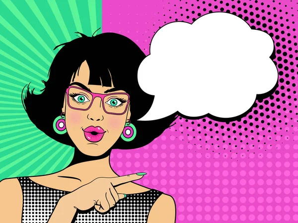 Wow face. Young sexy surprised woman with open mouth and hand pointing on speech bubble. Vector colorful background in pop art retro comic style. — Stock Vector