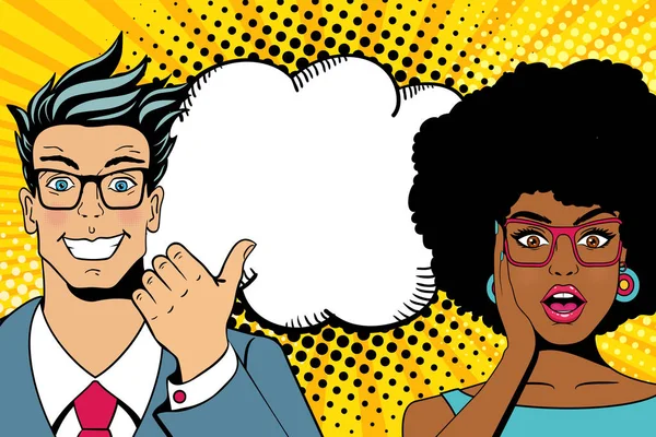 Çift yüz Vay. Mutlu sürpriz yakışıklı genç ve seksi kadın gözlük açık ağız ve boş konuşma balonu. Vektör renkli çizgi film arka planda pop art comic retro tarzı