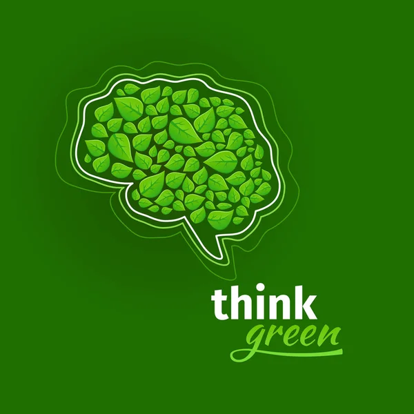 Think Green Logo. Gehirn Kostümierung von grünen Blättern und Sprechblase Logo. abstraktes Vektorzeichen isoliert auf dunkelgrünem Hintergrund. — Stockvektor