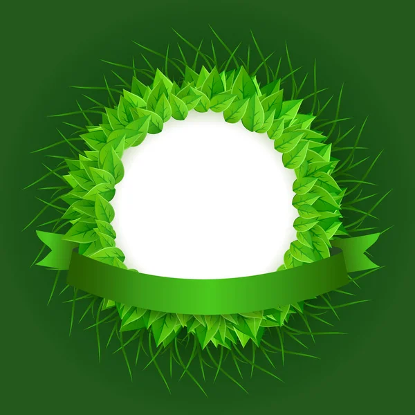 Bakgrund med gröna blad, cirkulär plats för text och gröna band. Vektorillustration. — Stock vektor