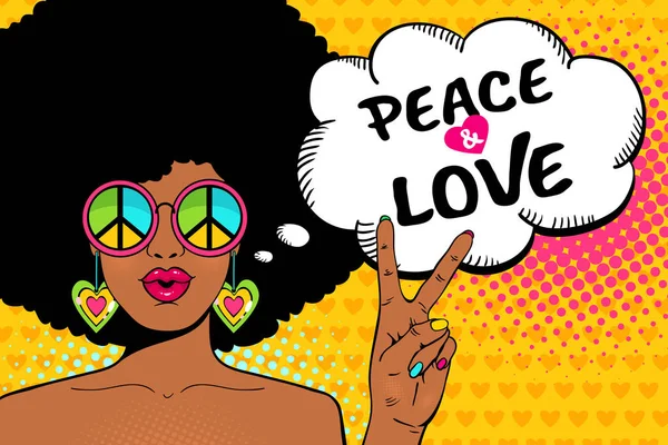 Wow female face. Sexy african american hippie woman in glasses with pacific sign shows victory sign and peace and love speech bubble. Vector colorful background in pop art retro comic style. Stock Illustration