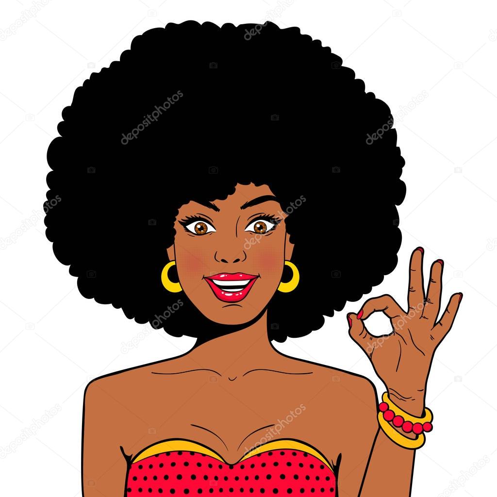 Wow comic face. Sexy surprised young african woman with open mouth and afro hairstyle in glasses shows OK sign. Vector hand drawn colorful character in comic style isolated on white background.