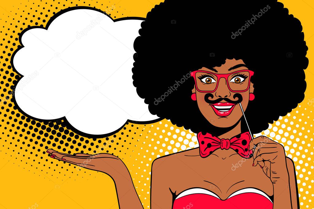 Pop art face. Young sexy afro american woman with bow tie holding mustache mask in her hand smiling and empty speech bubble. Vector illustration in retro comic style. Holiday party invitation poster.