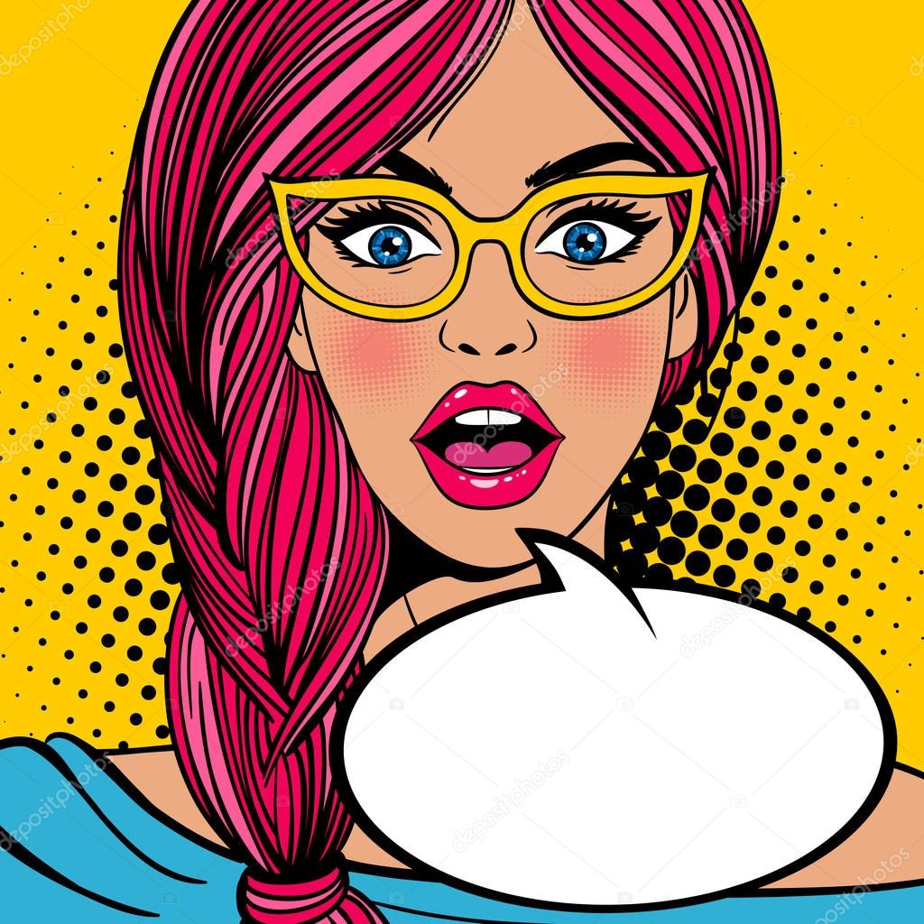 Wow pop art female face. Sexy surprised young woman in glasses with open mouth and pink hair and empty speech bubble. Vector bright background in pop art retro comic style.