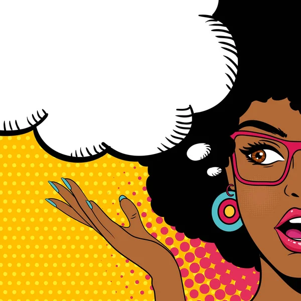 Sexy mujer afroamericana sorprendida mirando hacia un lado con la boca abierta y la burbuja del habla. Fondo vectorial en estilo retro cómic de arte pop . — Vector de stock