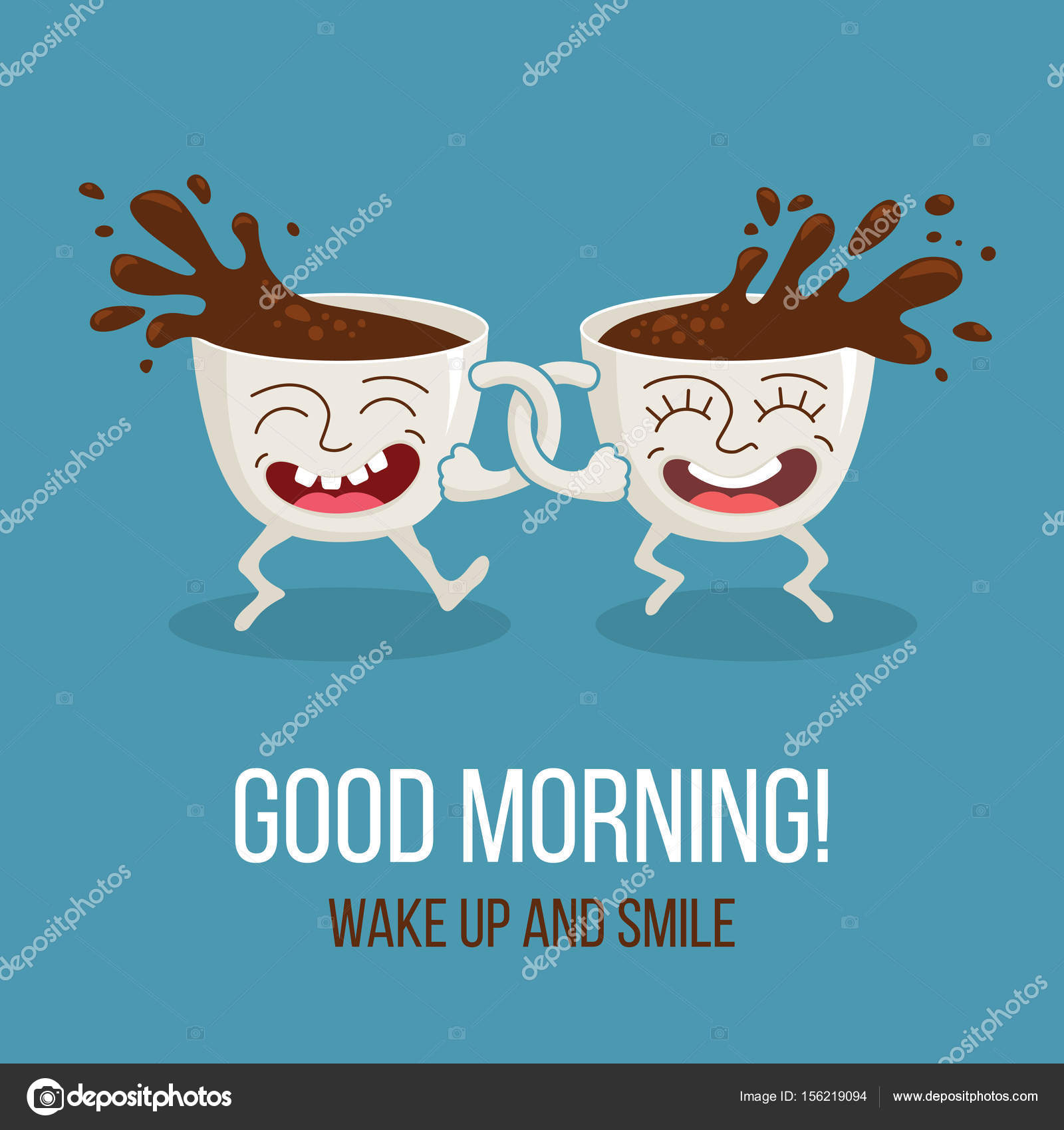 Good morning! Two friends, funny cartoon cups of coffee happy ...