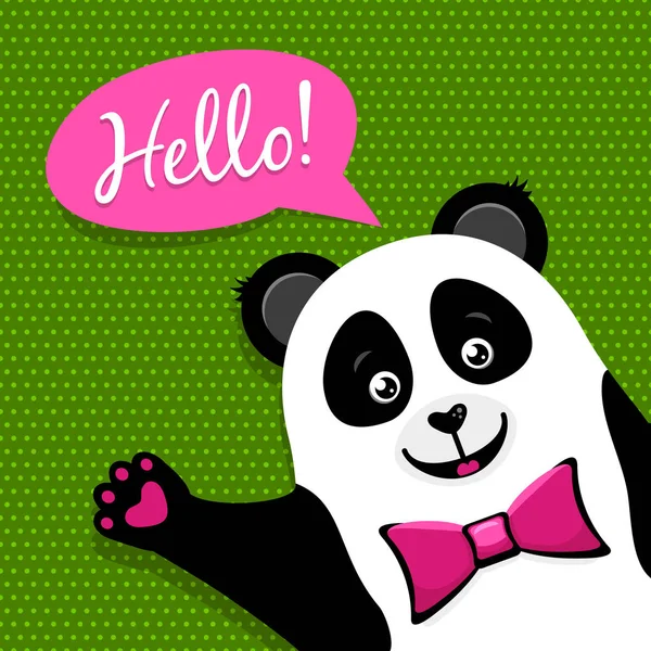 Γελοιογραφία αστείο, χαριτωμένο panda άνοδο πόδι σε χαιρετισμό και να λέει Γεια σας στο συννεφάκι ομιλίας. Διάνυσμα πολύχρωμο επίπεδη φόντο. — Διανυσματικό Αρχείο