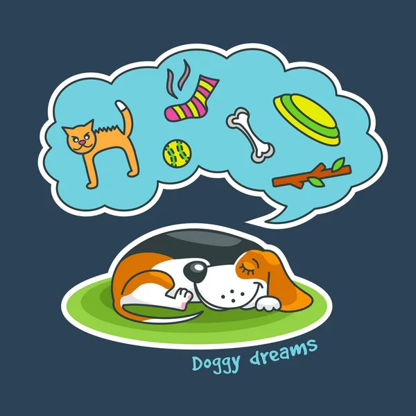 Sweet cartoon dog sleeping and dreaming about his favourite things: cat, ball, sock, bone, frisbee. Vector illustration. — Stock Vector