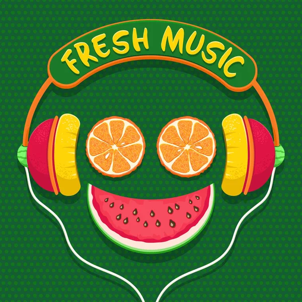 Música fresca. Rodajas de naranja y rodajas de sandía como una sonrisa en los auriculares. Divertido icono colorido vector de dibujos animados . — Vector de stock