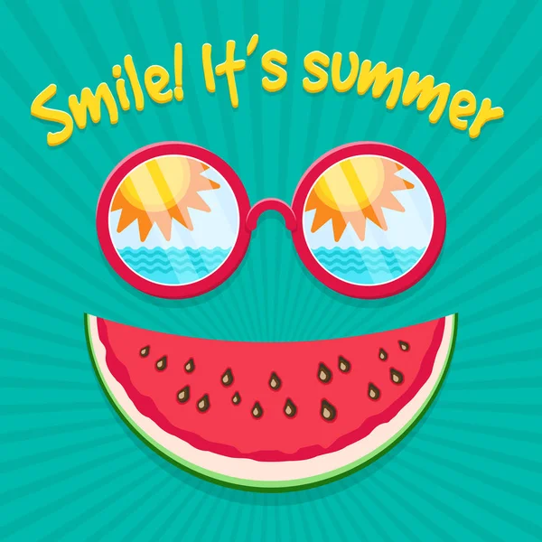 Senyum! Ini musim panas. Kacamata hitam dengan pantulan matahari, langit, ombak laut dan irisan semangka sebagai senyuman. Ikon vektor kartun yang lucu . - Stok Vektor