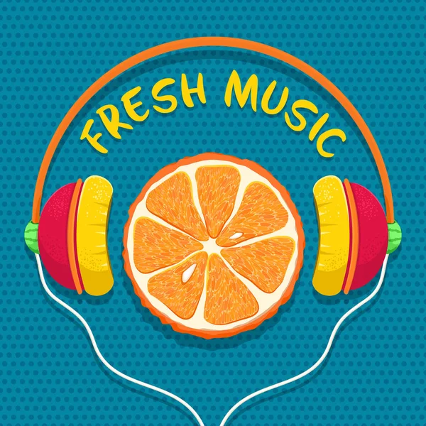 Fräsch musik. Orange skiva i hörlurar på blå prickar bakgrund. Roliga färgglada tecknade vektor symbol. — Stock vektor