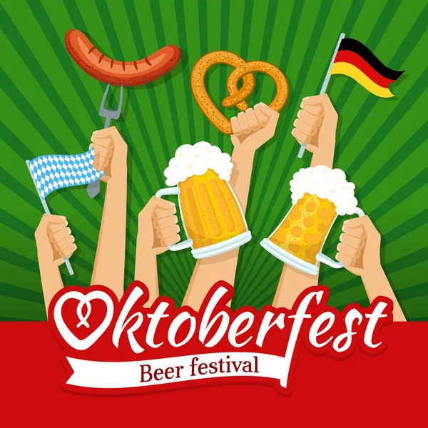 Alzando le mani con tazze di vetro di birra, pretzel in forma di cuore, salsiccia, bandiera della Germania e bandiera bavarese Oktoberfest. Manifesto della celebrazione del festival della birra Oktoberfest. Illustrazione piatta vettoriale . — Vettoriale Stock