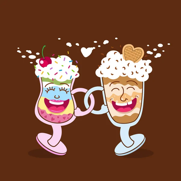 Dos amigos, divertidos vasos de postre de dibujos animados felices sonriendo y bailando. Vector plano ilustración aislado . — Archivo Imágenes Vectoriales