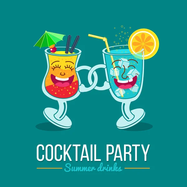 Cocktails menu cover template. Two friends, funny cartoon cocktail glasses happy smiling and dancing. Vector flat illustration isolated. — Stock Vector