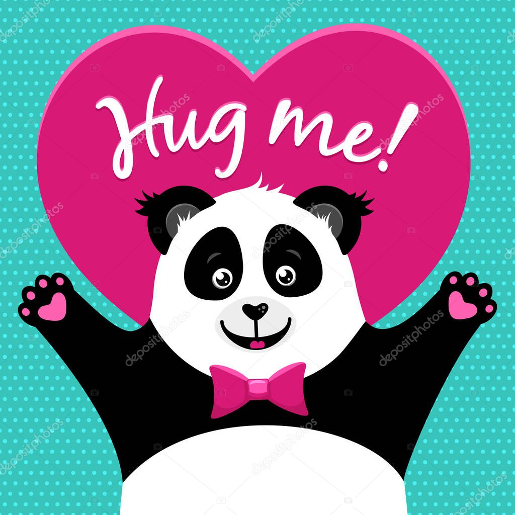 Hug me! Cartoon funny cute little panda rising paws ready to hud. Vector colorful flat background.