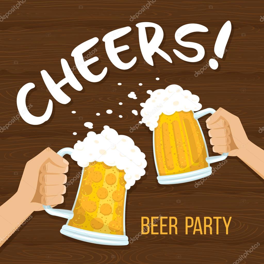 Cheers! Rising hands with beer glass mugs with foam on wooden background. Beer party invitation poster. Vector flat illustration.