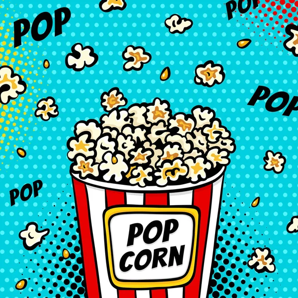 Pop art makanan cepat saji di bioskop. Latar belakang cerah dengan popcorn - Stok Vektor