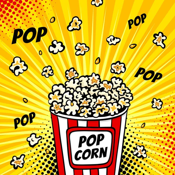 Arte pop comida rápida en el cine. Fondo colorido con palomitas de maíz saliendo de la caja. Ilustración vectorial en estilo de arte pop retro cómico . — Vector de stock