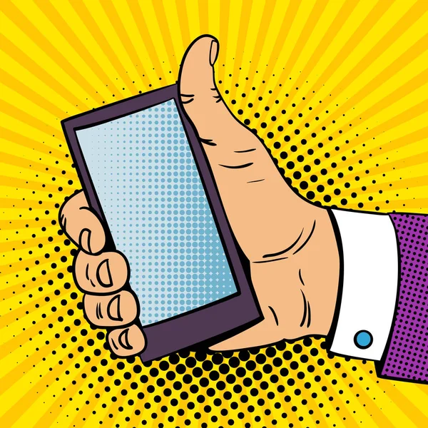 Pop art φόντο με αρσενική χέρι με τον αντίχειρα επάνω κρατάει ένα smartphone με την κενή οθόνη για την προσφορά σας. Διάνυσμα πολύχρωμο χέρι που εικονογράφηση σε κόμικ στυλ ρετρό. — Διανυσματικό Αρχείο